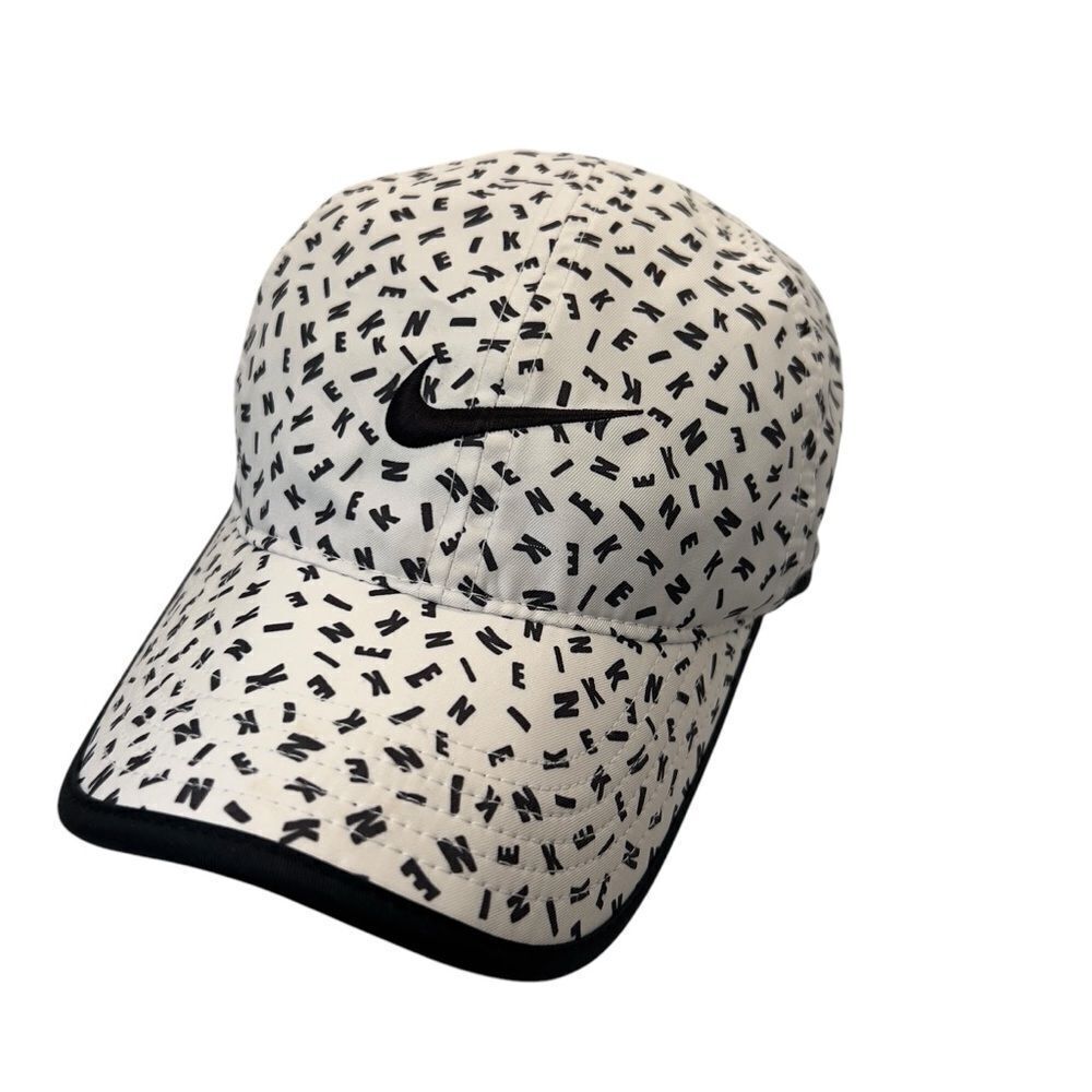 RARE Nike FeatherLight‎ All Over Spellout Letters Black White Hat Cap
